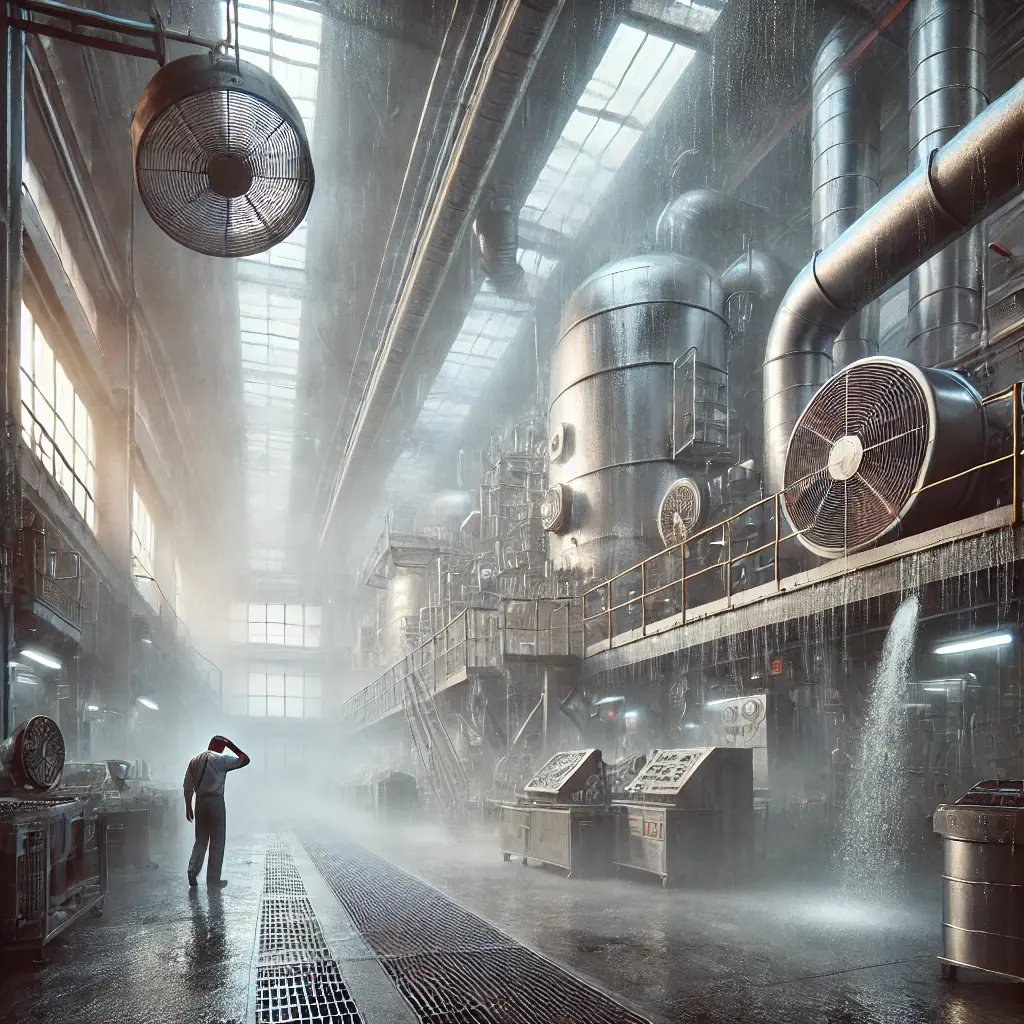 a factory with extreme humidity, showing condensation, heavy air, and workers struggling with the damp environment
